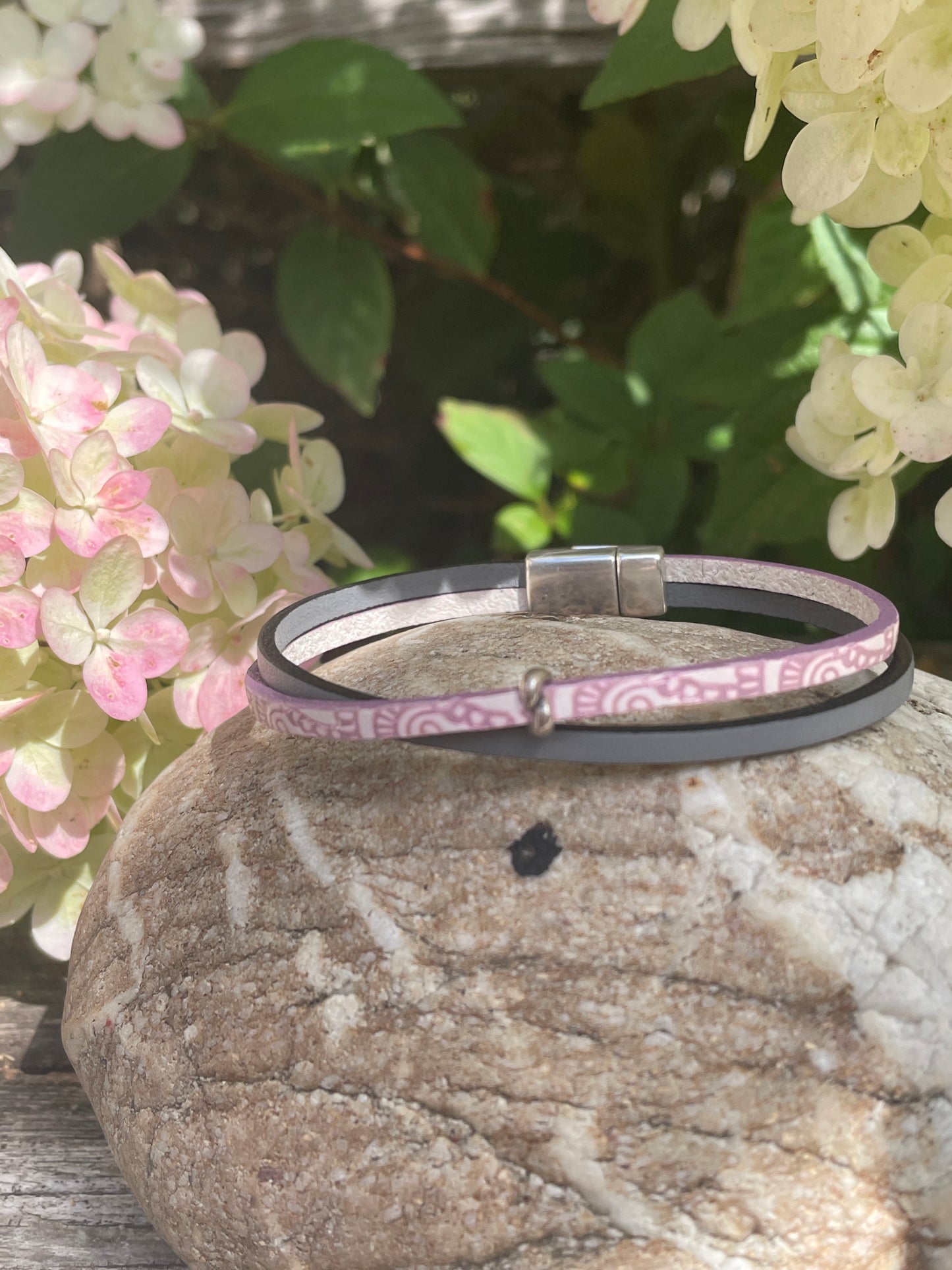 Lederarmband Muster rose-metallic-weiß und grau, 3mm