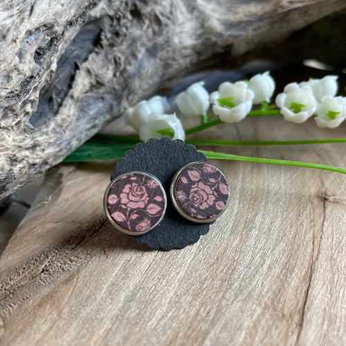 Ohrstecker Holzcabochon - braun - rosa Rosen