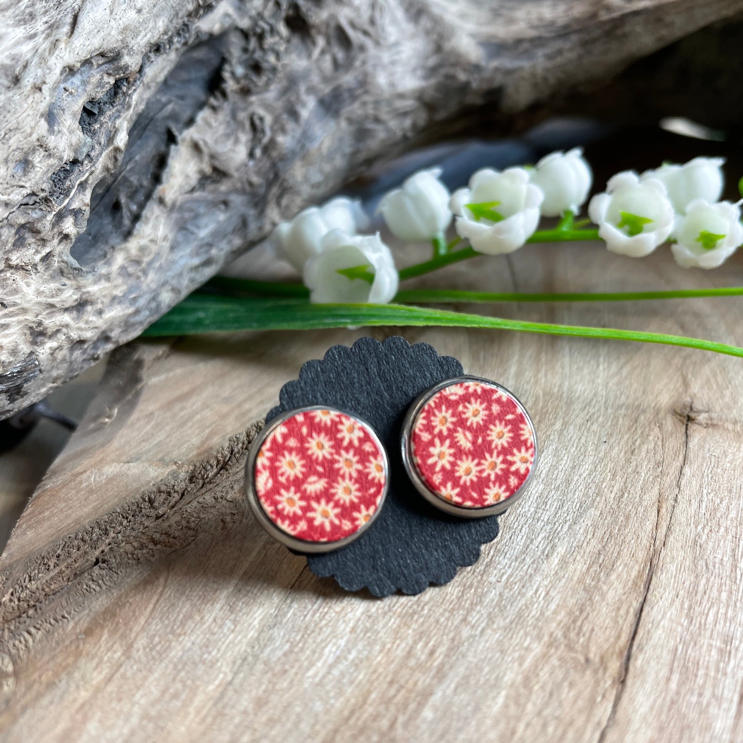 Ohrstecker Holzcabochon Blumen rot