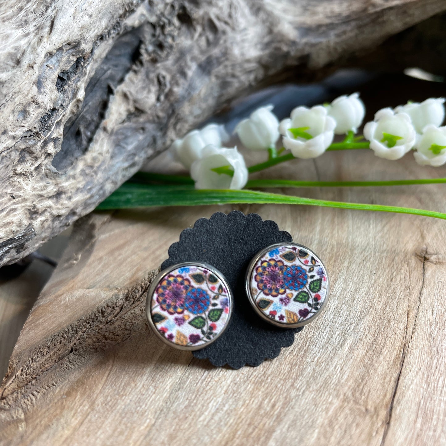 Ohrstecker Holzcabochon Blumen bunt